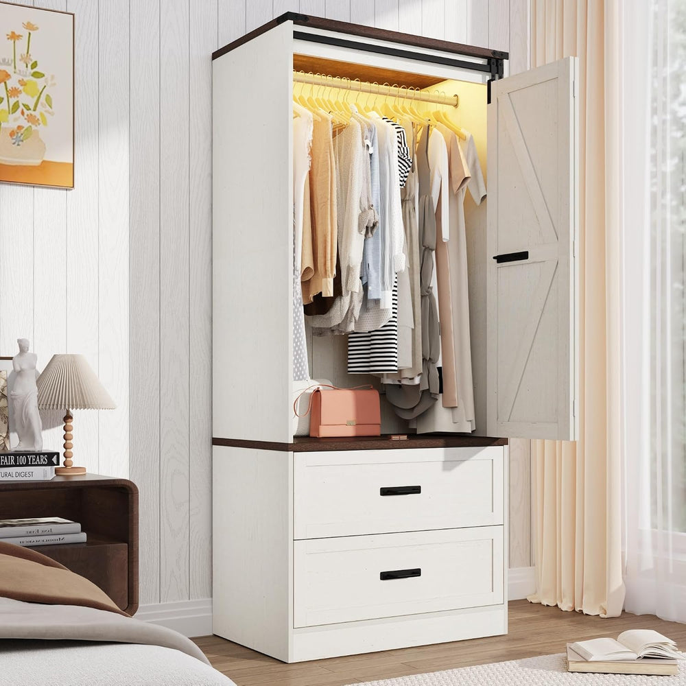2 Doors Armoire Wardrobe Closet w/ Folding Sliding Barn Door,Antique White