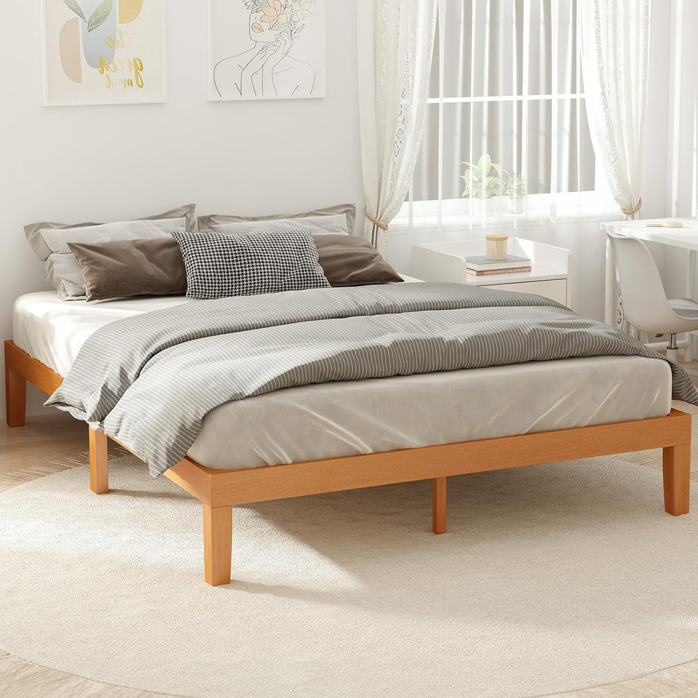 OLIXIS Queen 12 Inch Solid Wood Platform Bed Frame, Natural Pine