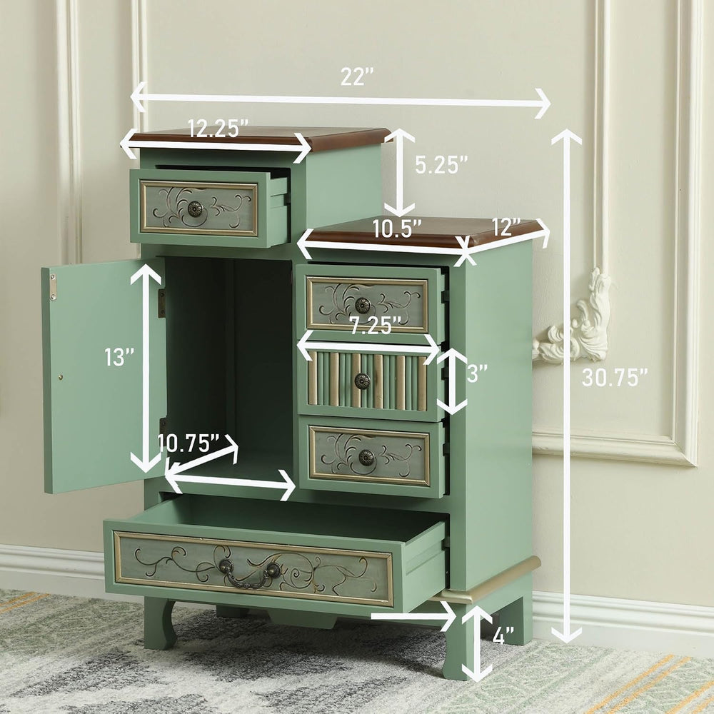 Vintage Accent Chest with 5-Drawers and Door Carved Wood Storage Cabinet Mode...