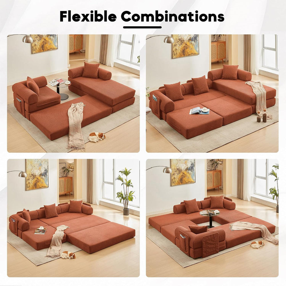 107" Modular Sectional Sofa Bed, L-Shape Corduroy Boneless Couch, Orange