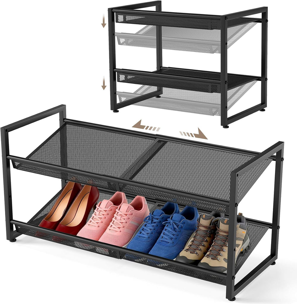 Expandable Shoe Rack, 2 Tier Adjustable Shoe Organizer with Flat & Slant ...