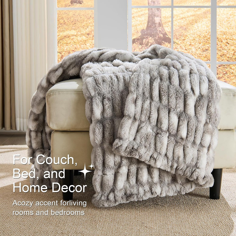 Faux Fur Throw Blanket Double Sided Stretch Ruched Faux Fur Gray Throw Blanke...