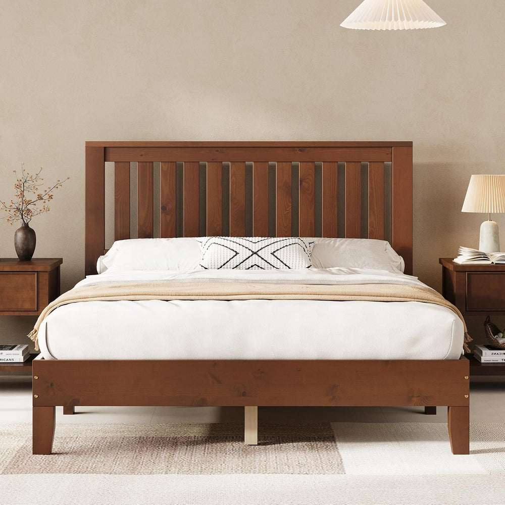 AMERLIFE Solid Wood Full Size Bed Frame with 46" Headboard, Walnut