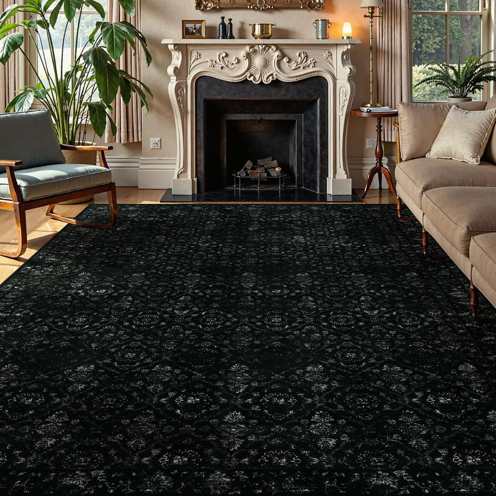 Hedlive Vintage Black Rug for Living Room 9x12, Ultra-Thin Washable Large Are...