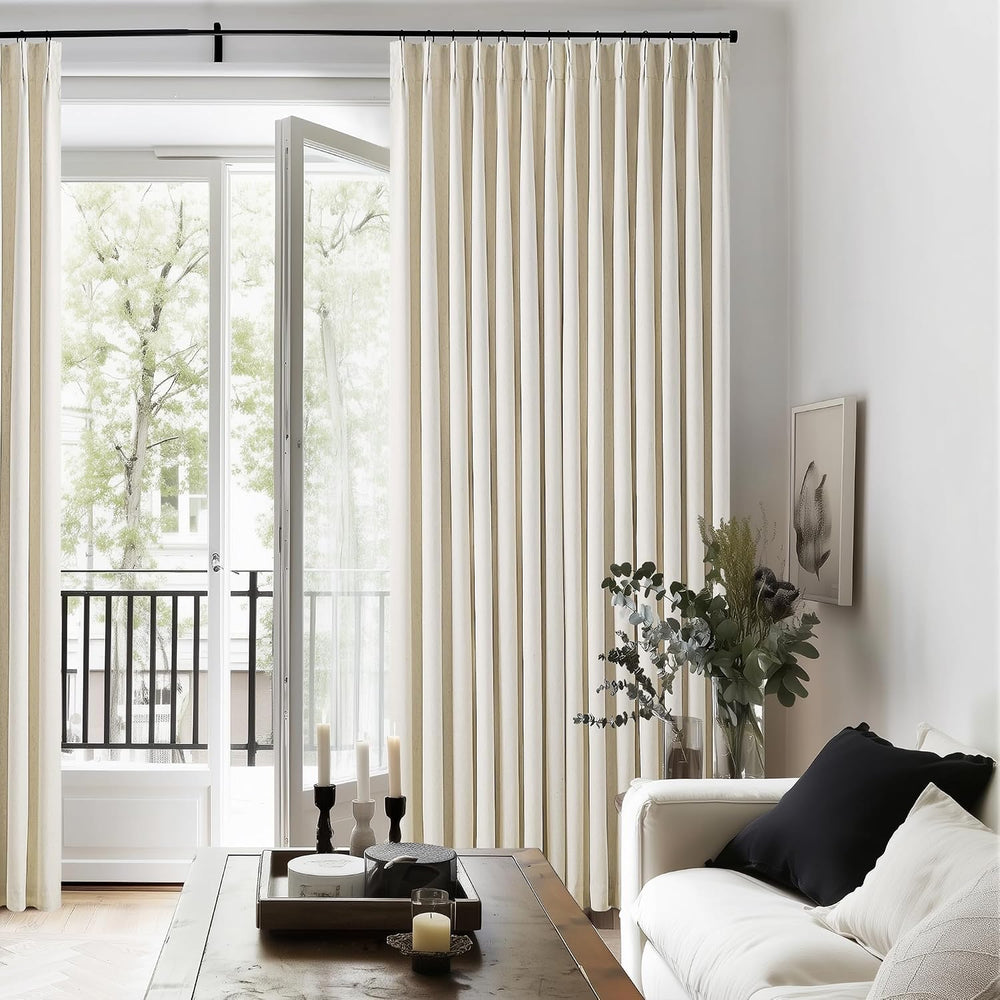 Pleated Cream Beige Linen Blackout Curtains for Bedroom 90 Inch Length