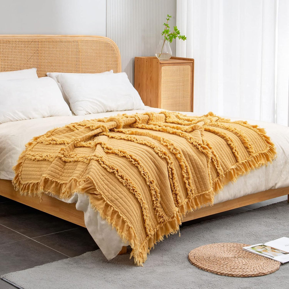 Ultra Soft Pre-Washed Warm Quilted Throw Blanket, Ruffle Fringed Yellow Boho ...