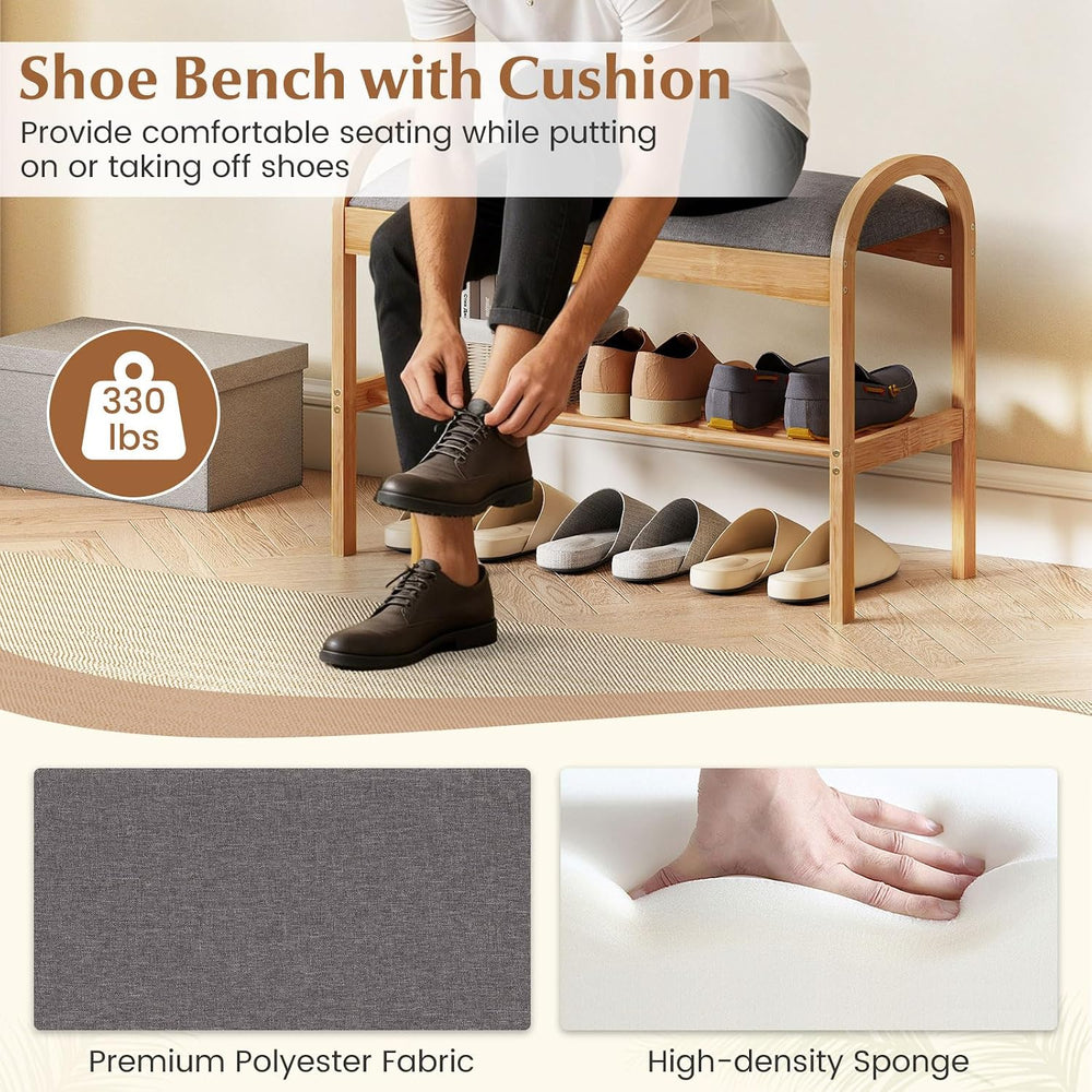 Giantex Shoe Rack Bench, Bamboo 2-Tier Entryway Bench with Padded Cushion, Sh...