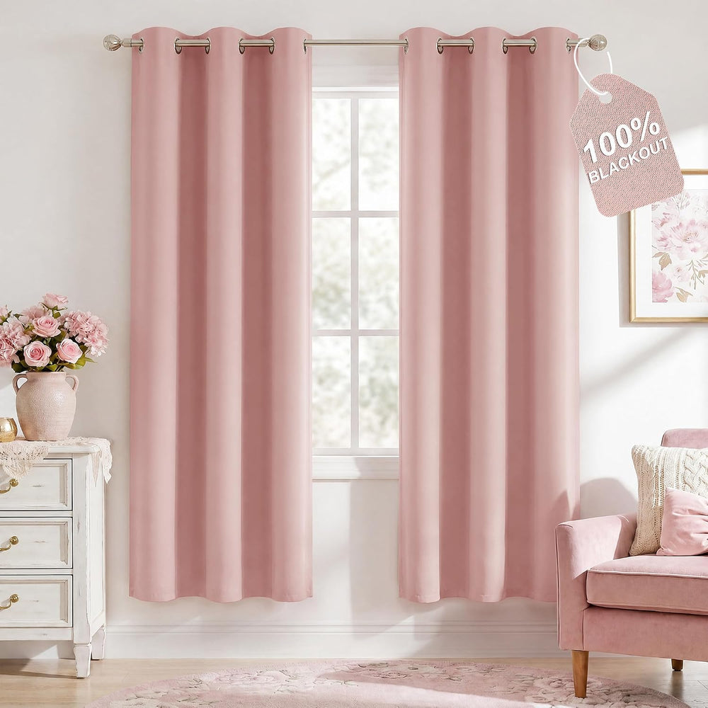 NICETOWN 100% Blackout Pink Curtains for Girls Room, W40xL72, 2 Panels