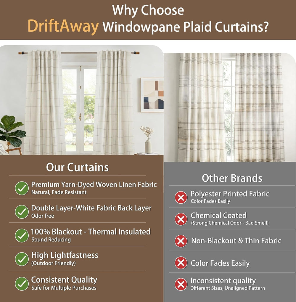 DriftAway 100% Blackout Plaid Linen Curtains 84 Inches Long 2 Panels Taupe