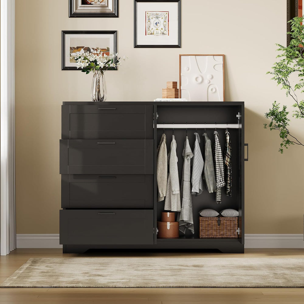 IDEALHOUSE 43.3'' H Armoire Wardrobe Closet with 4 Drawers, Wooden Dr...