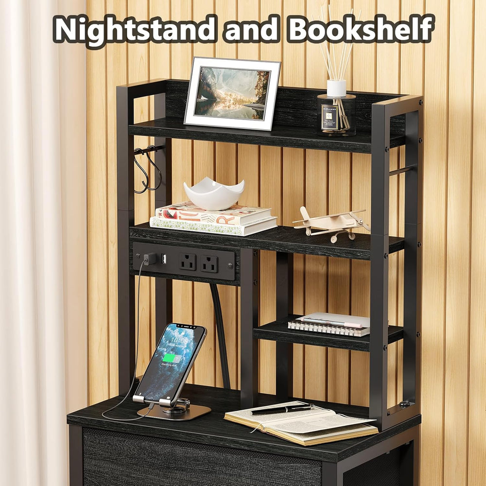 Furnulem Tall Nightstand, LED Night Stand with Charging Station | USB Ports, ...