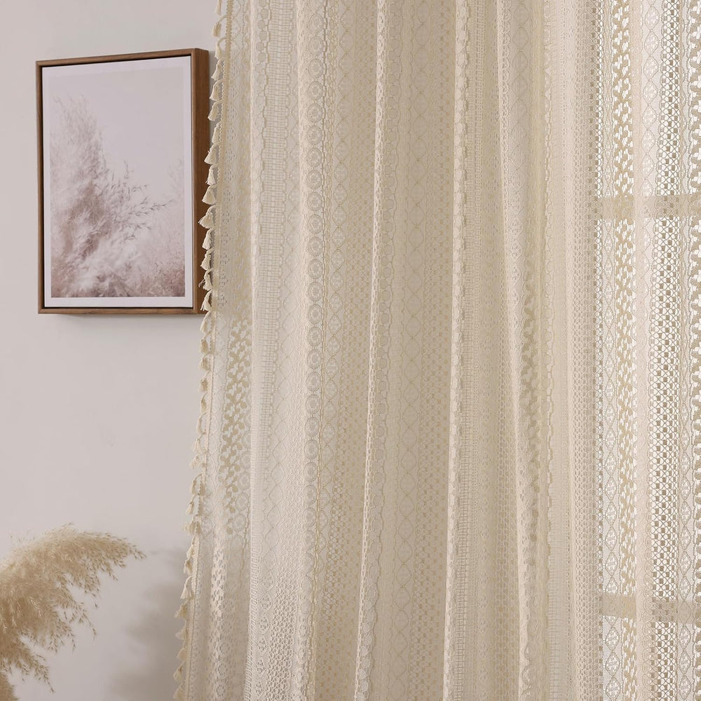 Boho Crochet Curtains for Living Room Lace Curtains 84 Inches Long 2 Panel, R...