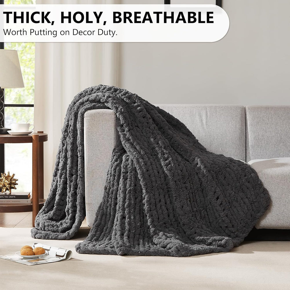 L'AGRATY Chunky Knit Throw Blanket for Couch, 50 x 60 Inches, Dark Grey