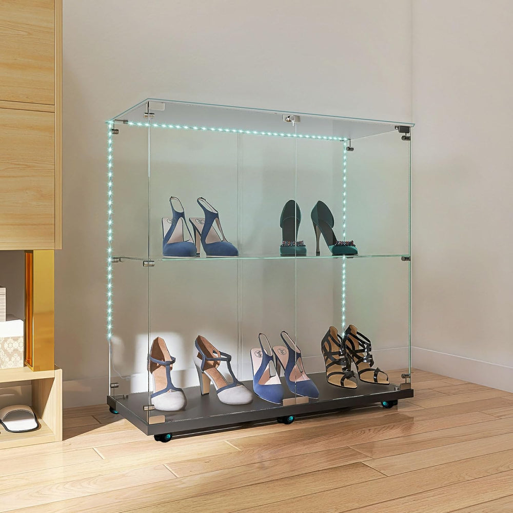 2-Tier Glass Display Cabinet with Bluetooth LED Light Strip, 2-Door Floor Sta...