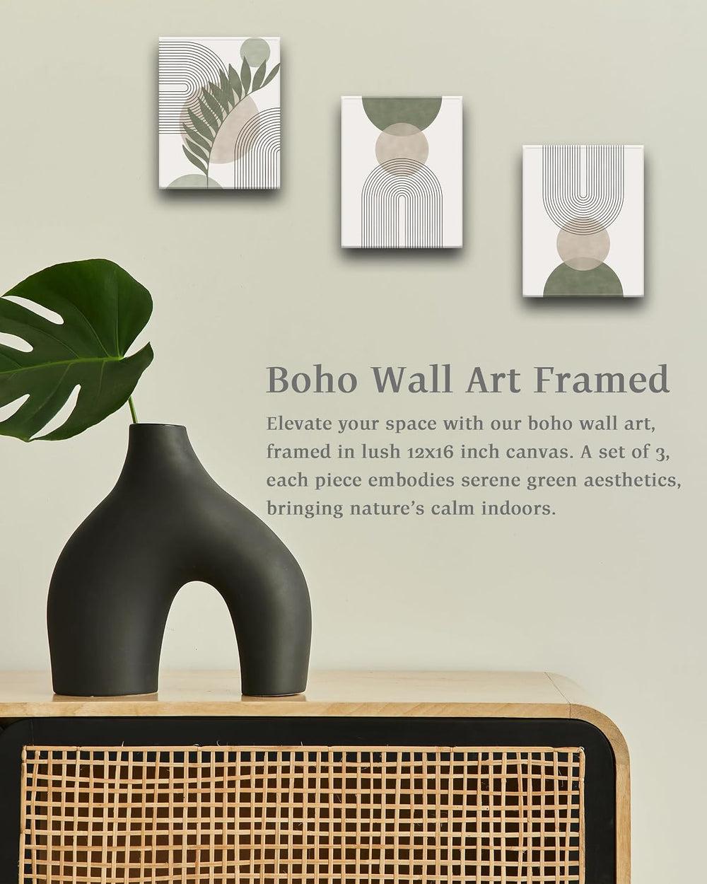 30x40CM Sage Green Boho Wall Art,Framed Canvas Bathroom Wall Art Pictures, Mi...
