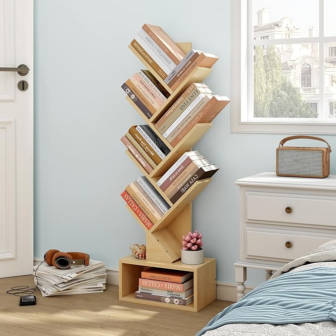 Hoctieon 6 Tier Tree Bookshelf, Tall Bookcase with Drawer, Freestanding Book ...