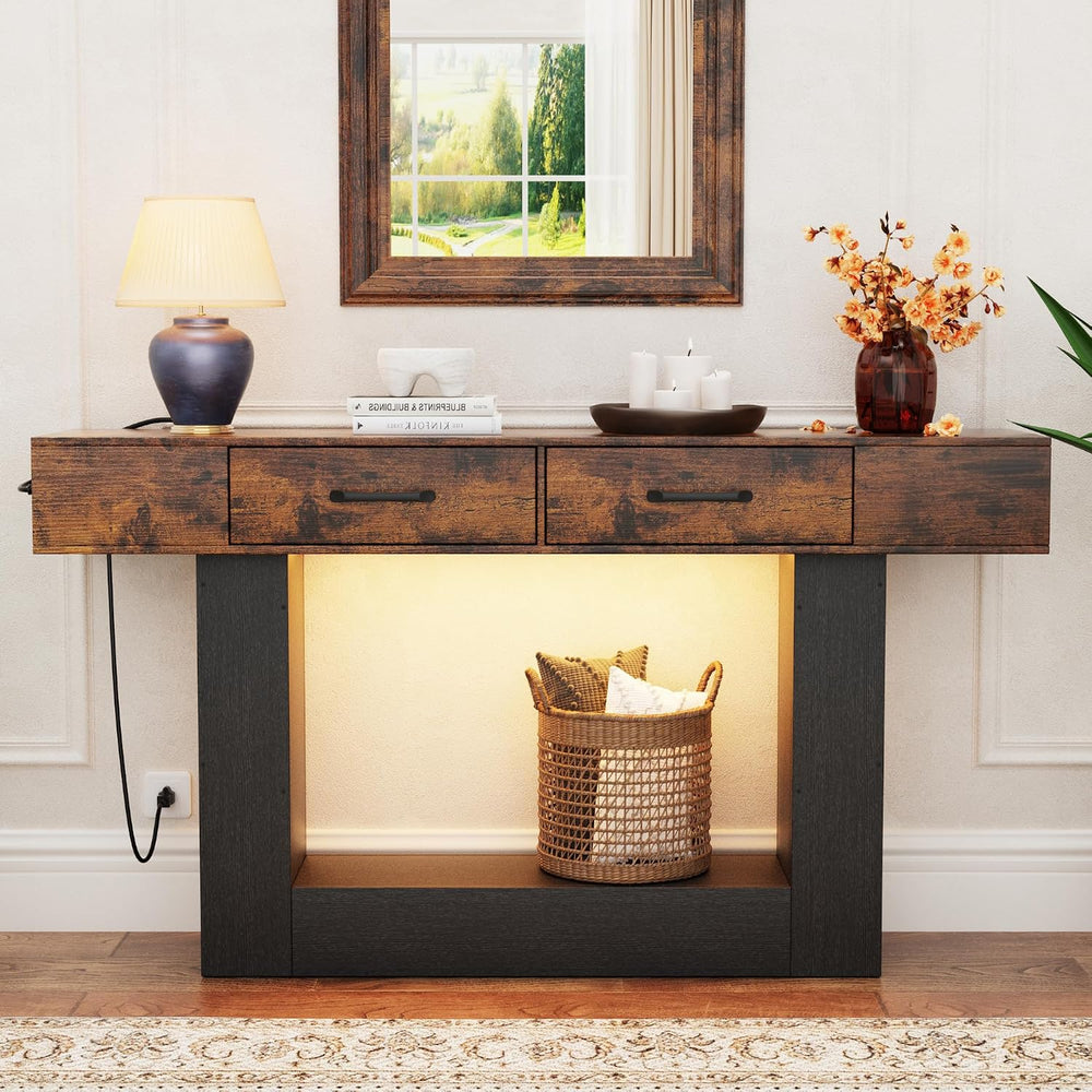 63" Long Console Table with LED Lights & Charging Station,2-Tier Ent...