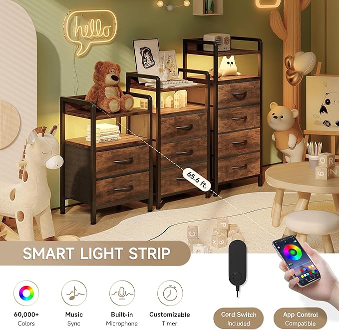 Night Stand Bedside Table Bedroom - Tall Nightstand with Charging Station &am...