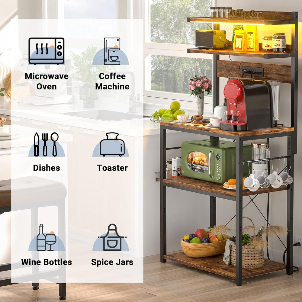 Aheaplus Bakers Rack with Power Outlet, Microwave Stand, 5 Tiers Coffee Bar S...