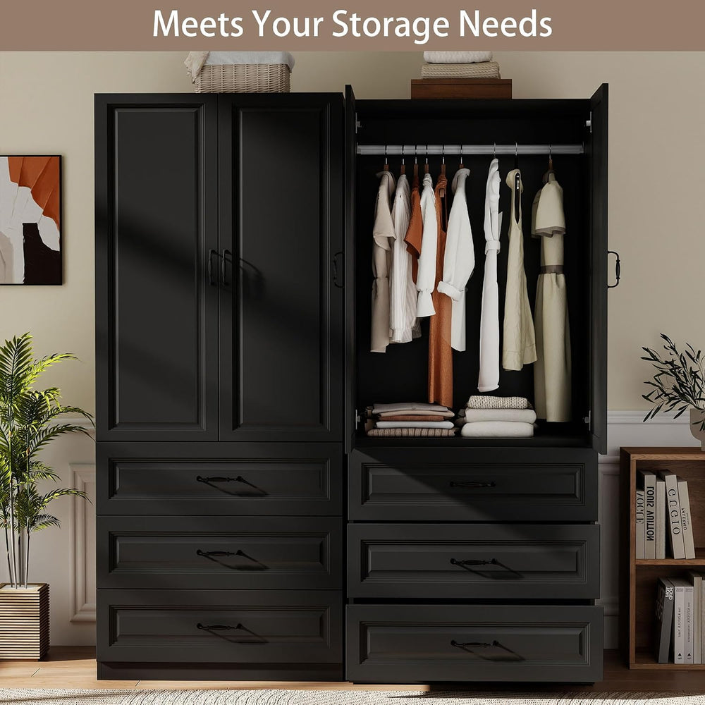 Black Armoire Wardrobe Closet with 6 Drawers, 75" Tall x 63" Wide