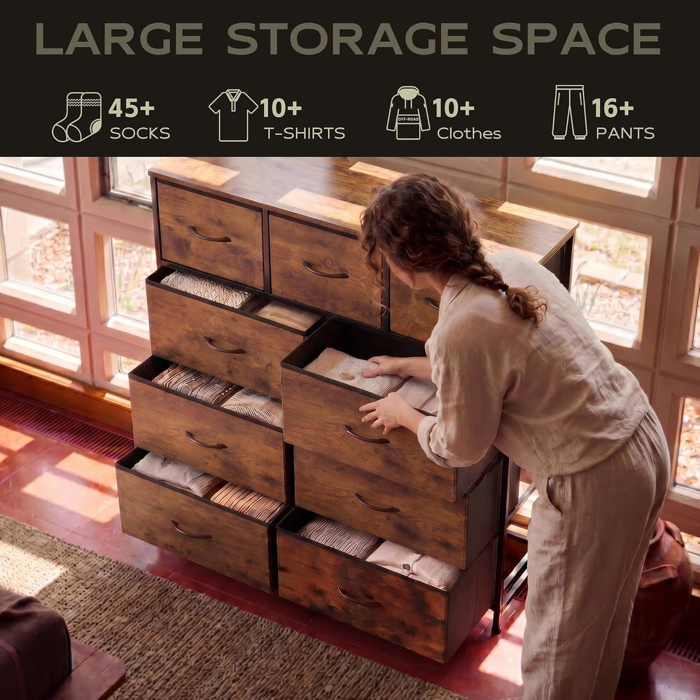 WLIVE Tall Dresser for Bedroom, 9 Drawer Chest of Drawers, Rustic Brown