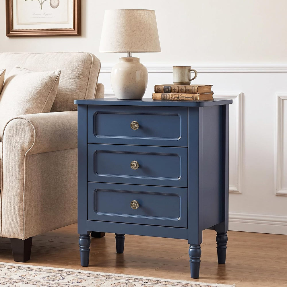 RoyalCraft Nightstand with 3 Drawers, Blue Wood Night Stand for Bedroom