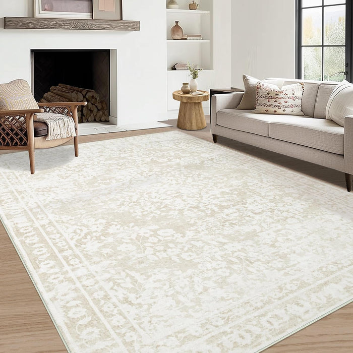 Aoyaomi Vintage Living Room Area Rug - 5x7 Large Machine Washable Boho Area Rug Distressed Floral Rugs for Bedroom, Soft Non-Slip Indoor Floor Accent Rugs for Office Dining Room (Cream Beige, 5'x7')