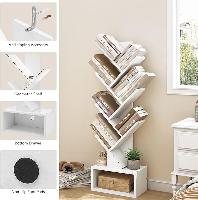 Hoctieon 6 Tier Tree Bookshelf, Tall Bookcase with Drawer, Freestanding Book ...
