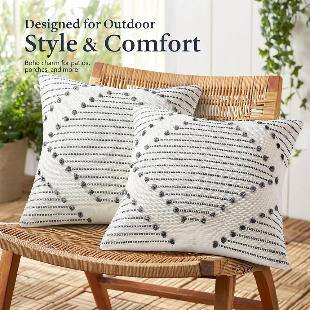 Mecatny Boho Outdoor Throw Pillow Covers 20x20 Set of 2 Grey & Cream White