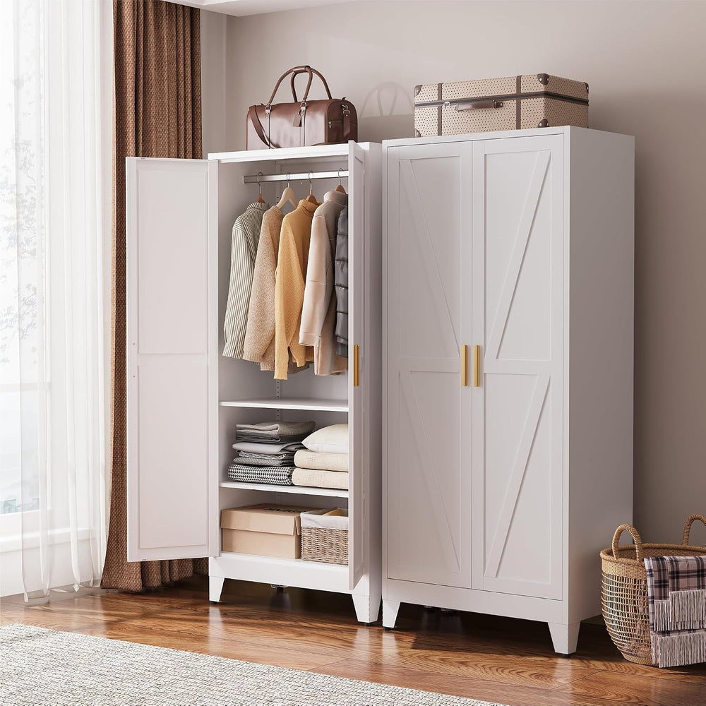 COFaR 71" Metal Wardrobe Closet with Adjustable Hanging Rod & 2 Shel...