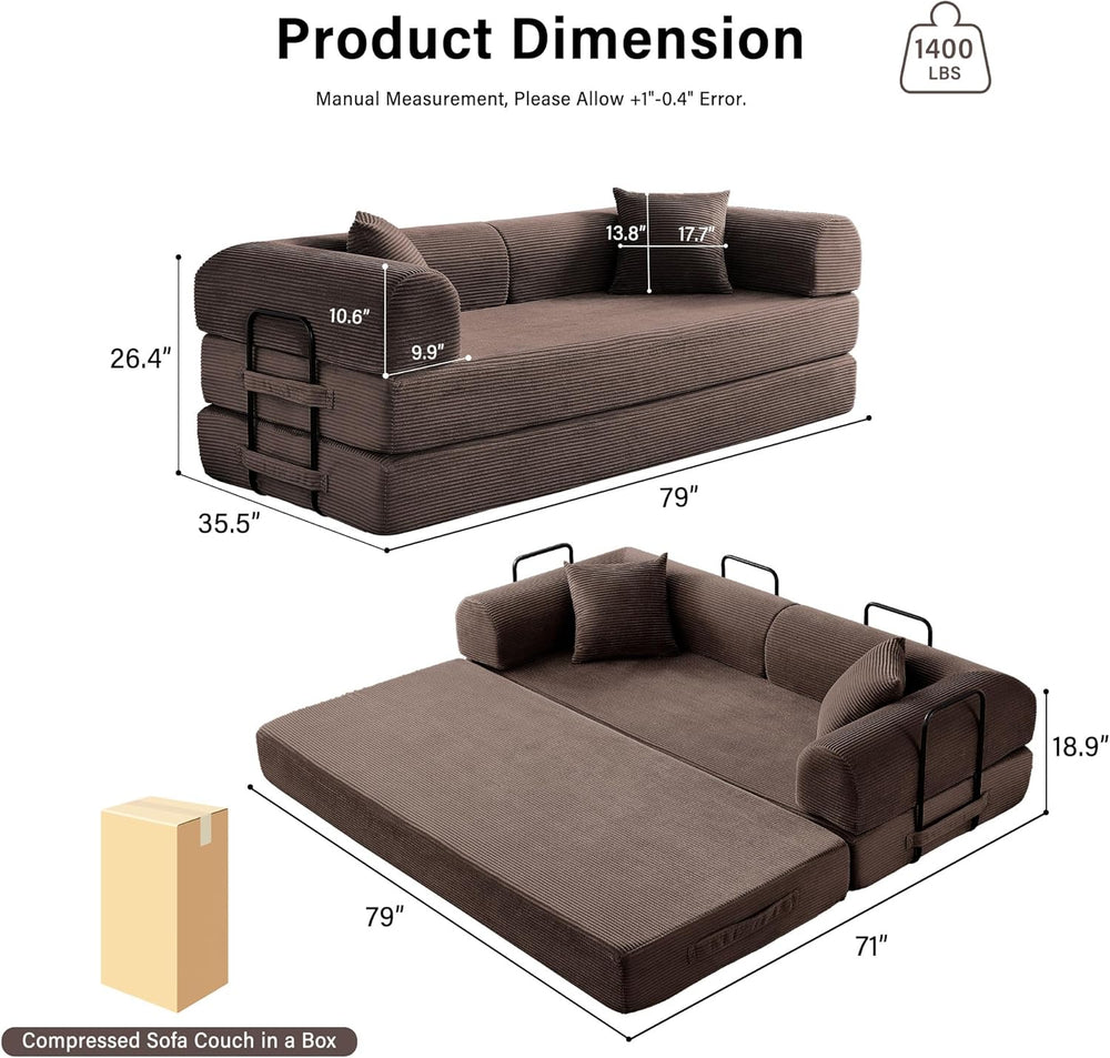 79" Convertible Sofa Bed, 5-in-1 Corduroy Boneless Couch Bed Sofa Pull O...