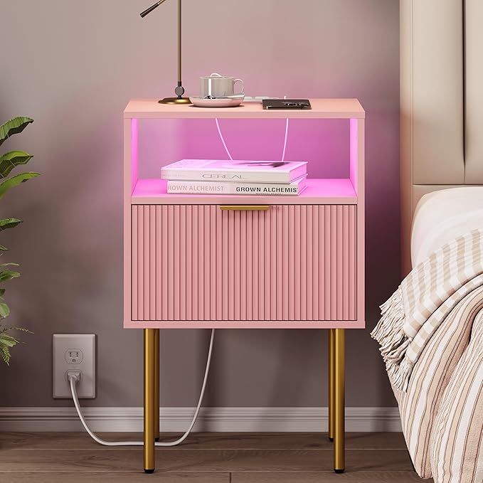 Modern Nightstand with Charging Station and LED Lights, White Bedside Table w...