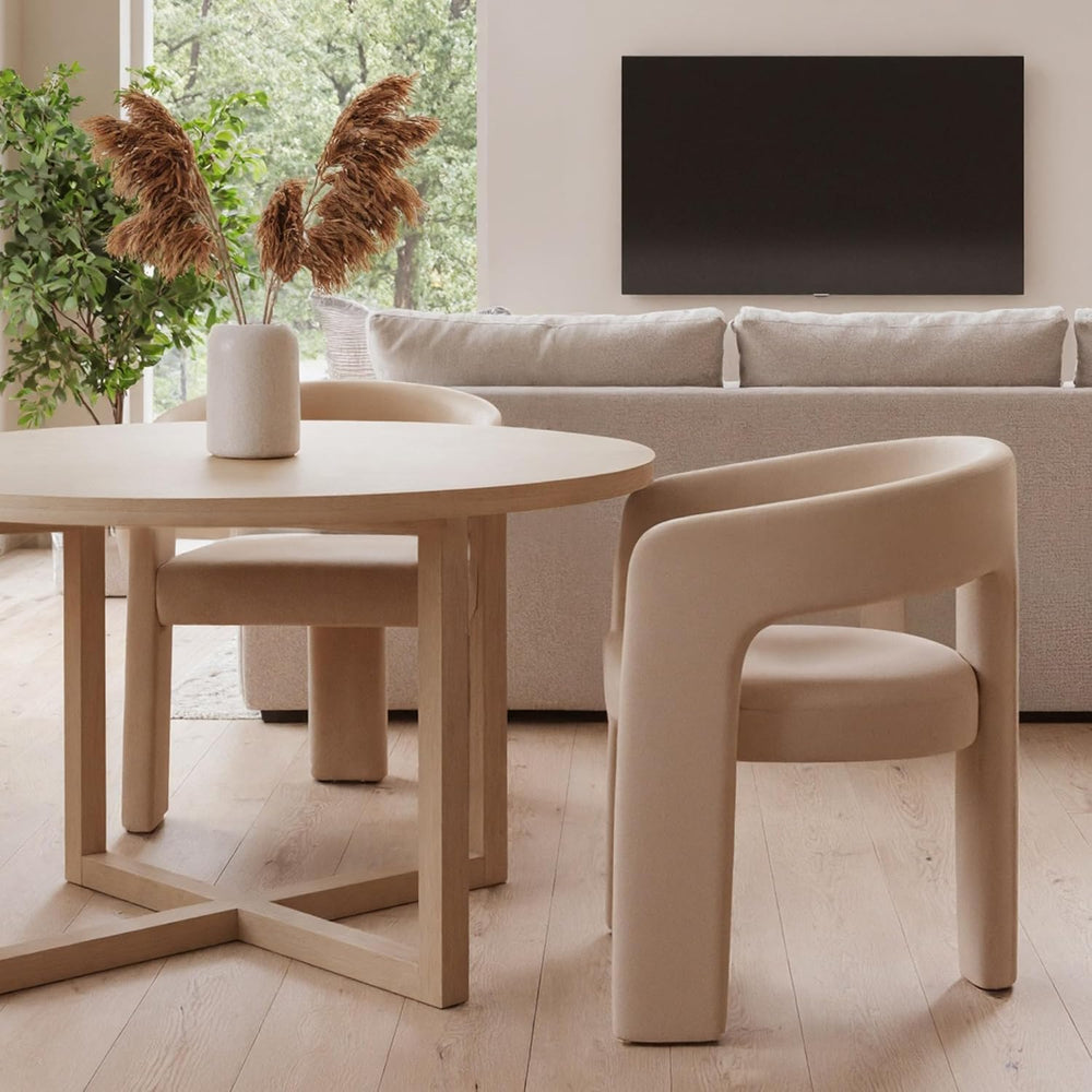 HNY Modern Velvet Barrel Single Dining Chair, Khaki