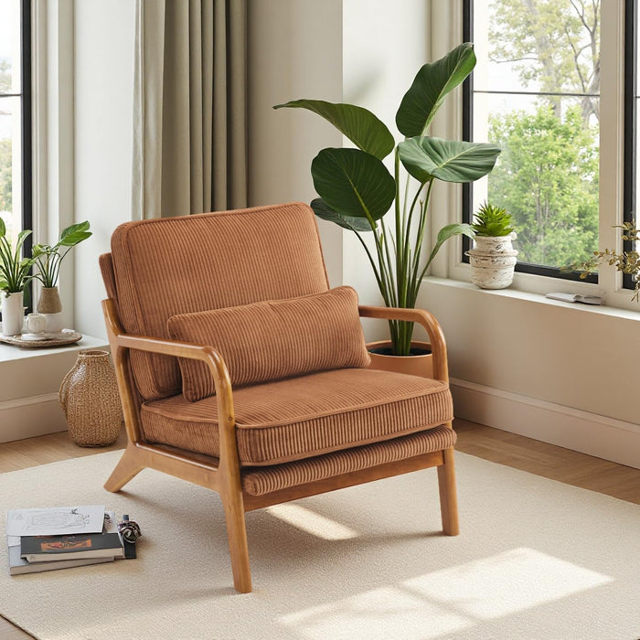 VINGLI Upgraded Premium Corduroy Accent Chair,Upholstered Arm Chair,Solid Wood Comfy Reading Chair with Pillow, Mid Century Modern Chairs for Living Room,Bedroom,Brown