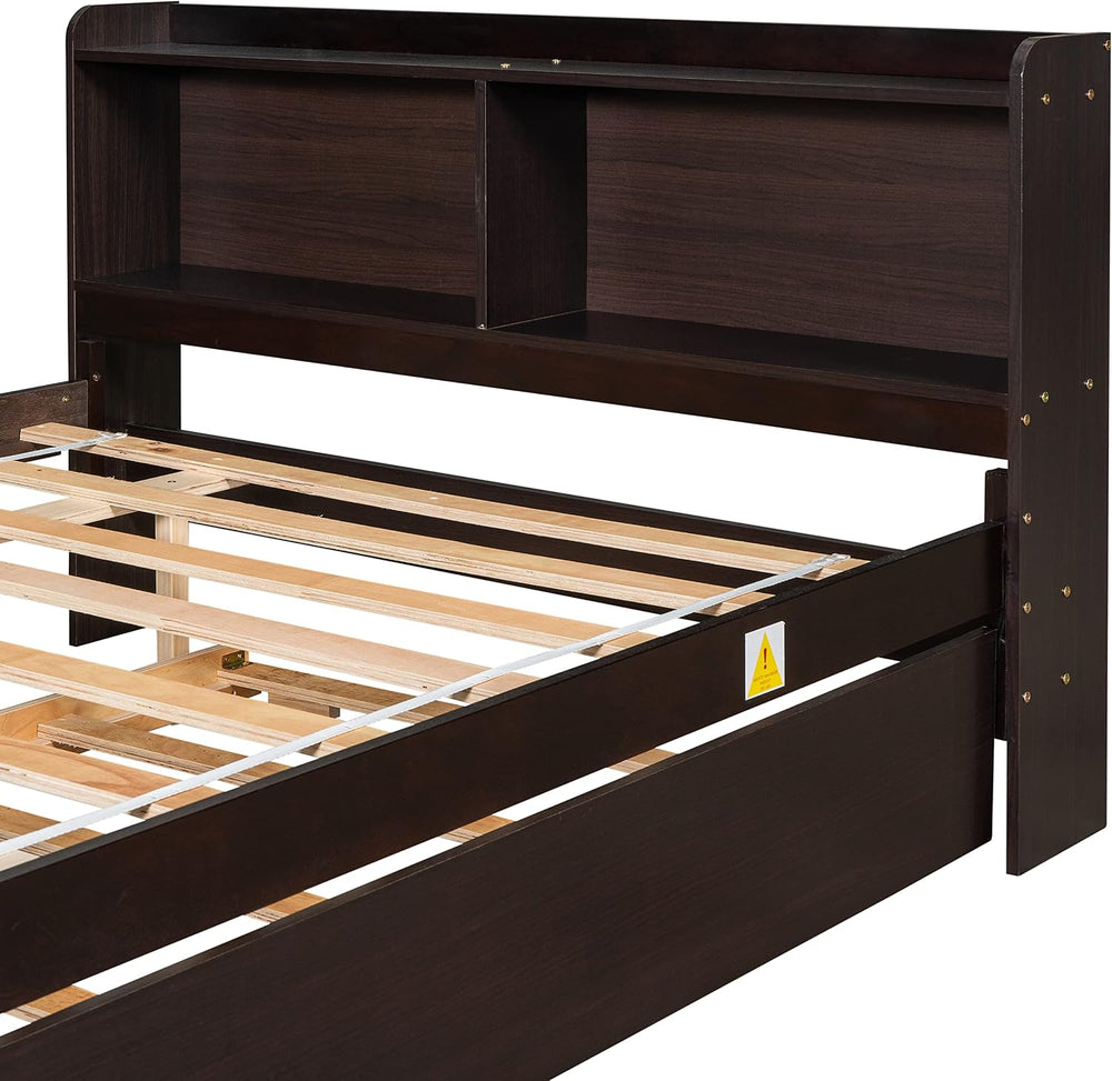 Bellemave Full Size Bed Frame with Trundle Bed and Bookcase, Espresso