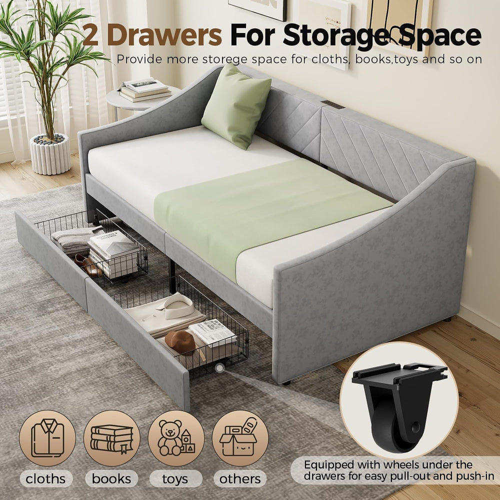 Twin Size Daybed with 2 Storage Drawers, Upholstered Daybed Frame with Chargi...