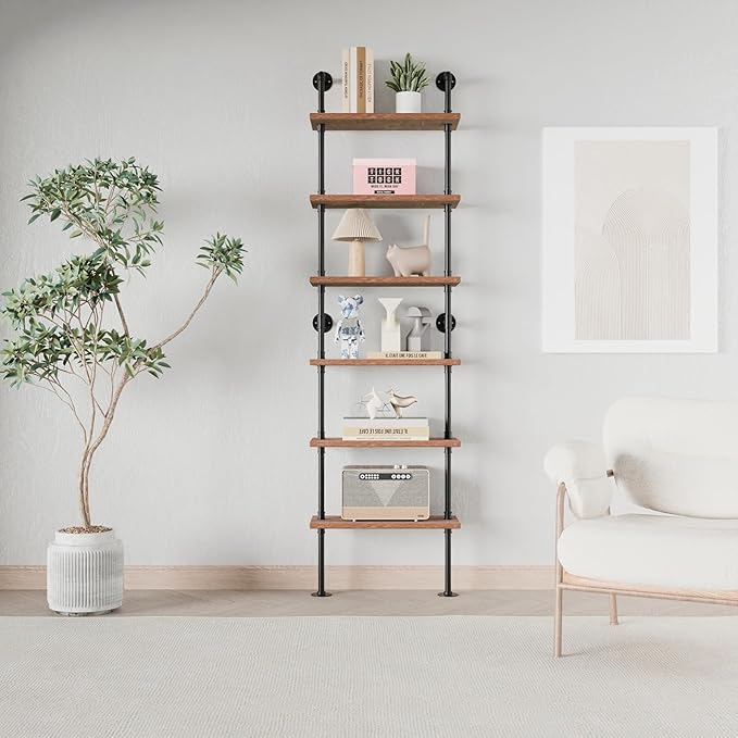 Industrial Ladder Pipe Shelves, Wall Mounted Rustic Bookshelf, Retro Metal Wo...