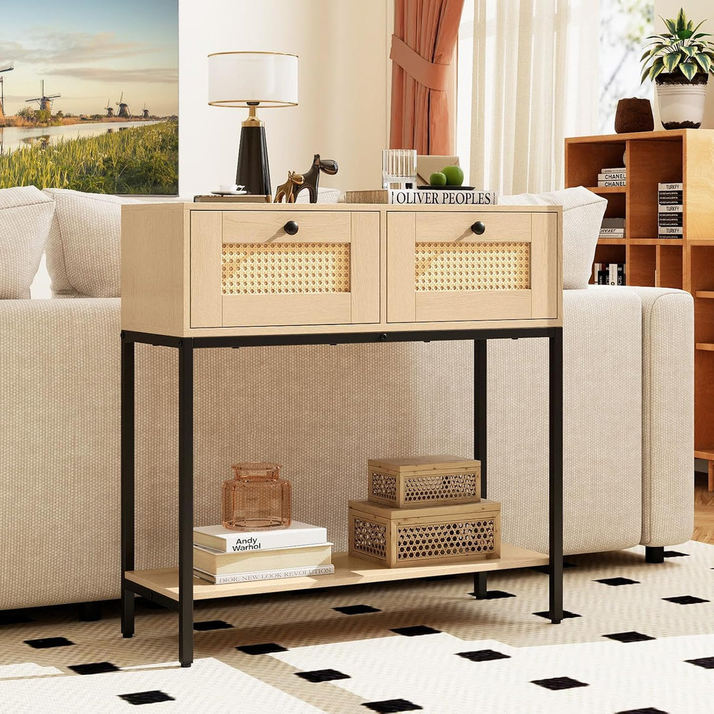 GOFLAME Rattan Console Table, Boho Entryway Table with 2 Drawers & Open S...