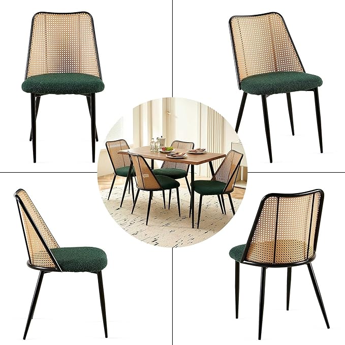 Green Dining Chairs Set of 4, Upholstered Home Kitchen Chairs Woven Rattan Ba...
