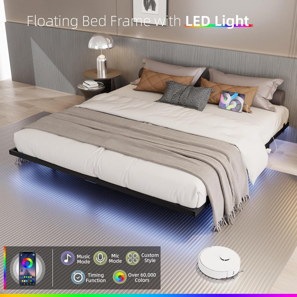 California king floating bed frame with Charging Station & Smart LED Lights