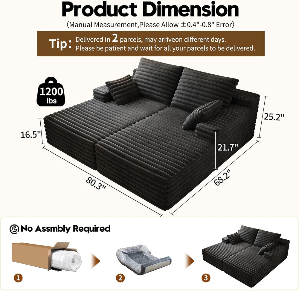 80” Oversized Double Lounge Chaise,Cloud Plush Sofa Bed,Upholstered Boneless ...