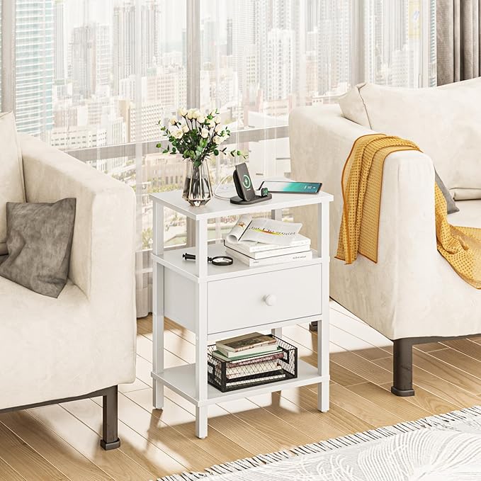 Lerliuo Nightstand with Charging Station and USB Ports, 3-Tier Storage End Ta...