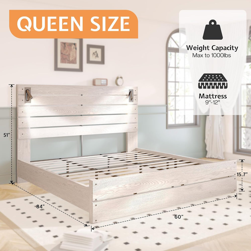 Jocisland Queen Bed Frame Farmhouse 51" Headboard&Reading Lights, Ash White