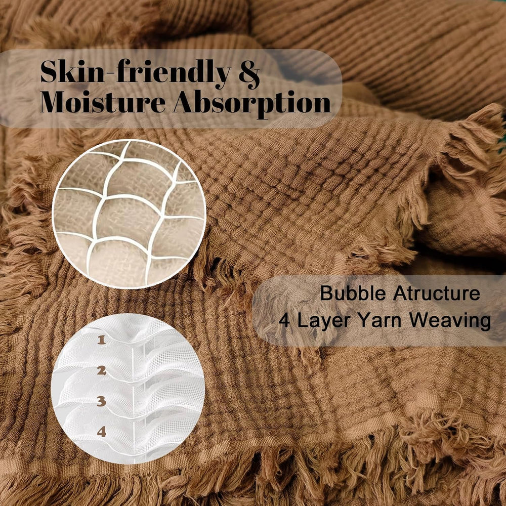 100% Cotton Muslin Throw Blanket with Fringes 50"x60", 4-Layer Cott...