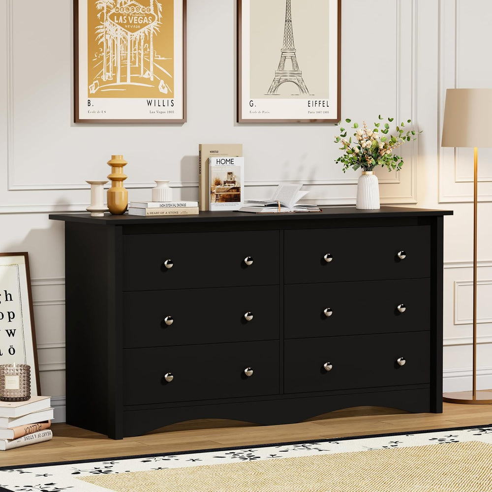 Flamaker Dresser for Bedroom, 6 Drawer Wood Dresser, Black