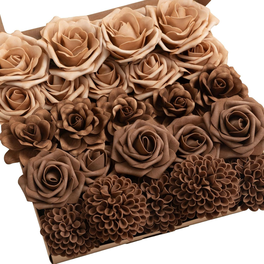 Ling's moment Artificial Flowers Fake Roses Faux Gardenia Foam Brown Beige