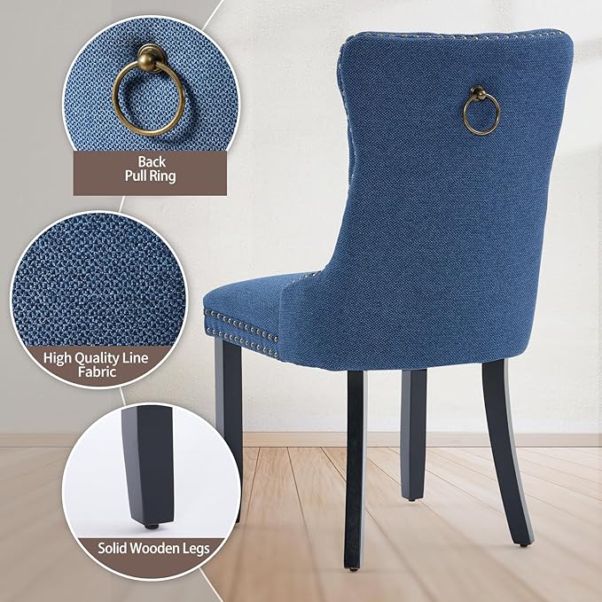 Blue Dining Chairs Set of 6, Upholstered Tufted Linen Fabric Dining Room Chai...