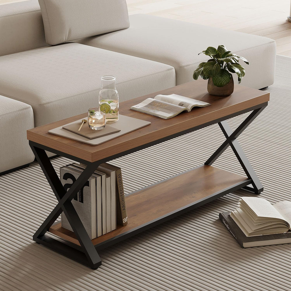 IBF Rustic Entryway Bench with Storage, Rustic Oak Wood and Metal Bench
