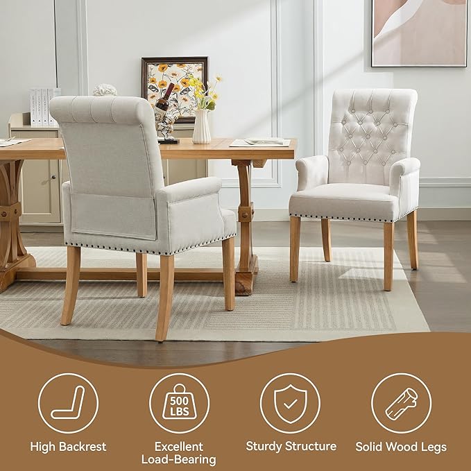 Fabric Dining Chair with Arms, Upholstered Tufted High Back Dining Room Chair...