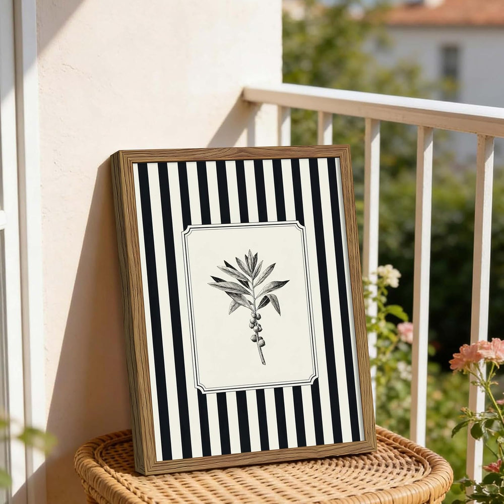 Framed Vintage Botanical Wall Art Set of 2, Black and White Striped Floral Ca...